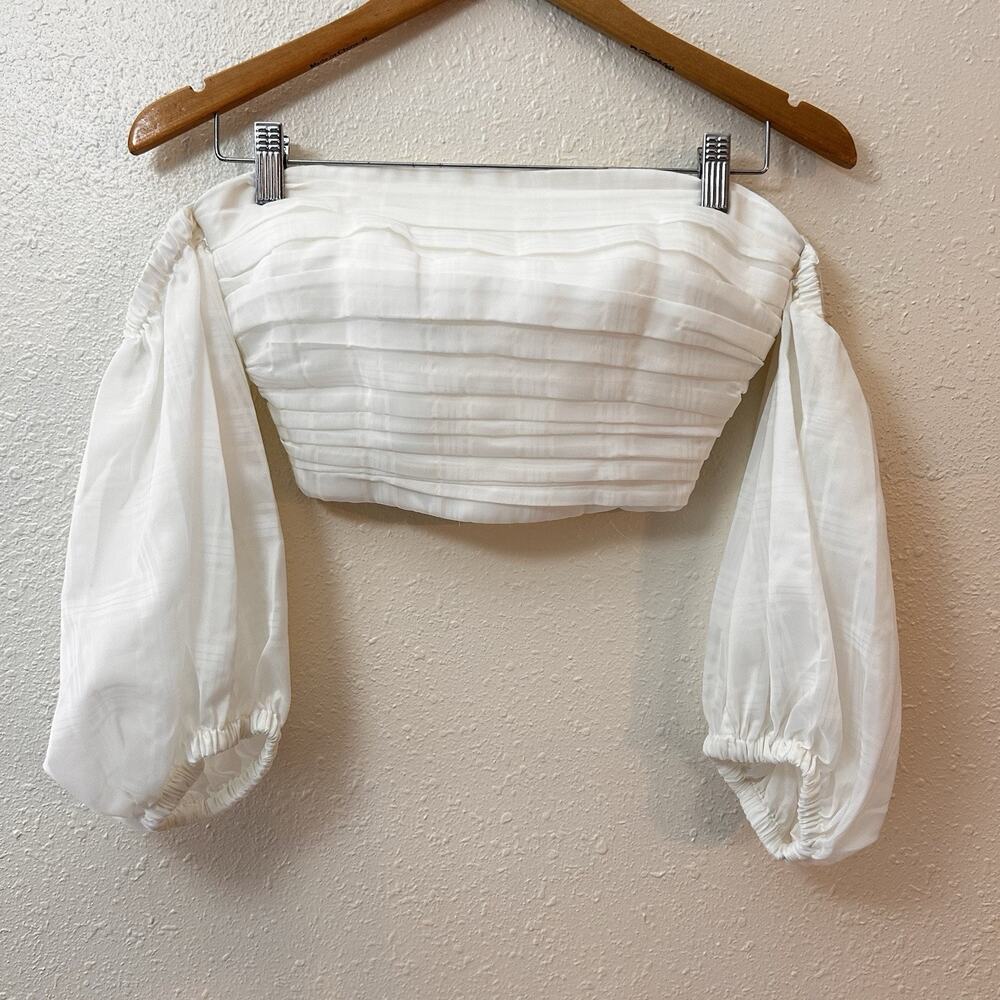 C/MEO COLLECTIVE White Pleated Sheer Puff Sleeve Cropped Square Neck Blouse XS